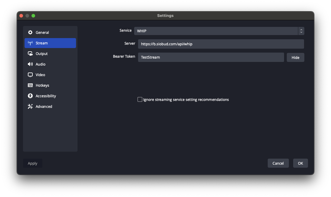 OBS Stream Settings showing WHIP configuration